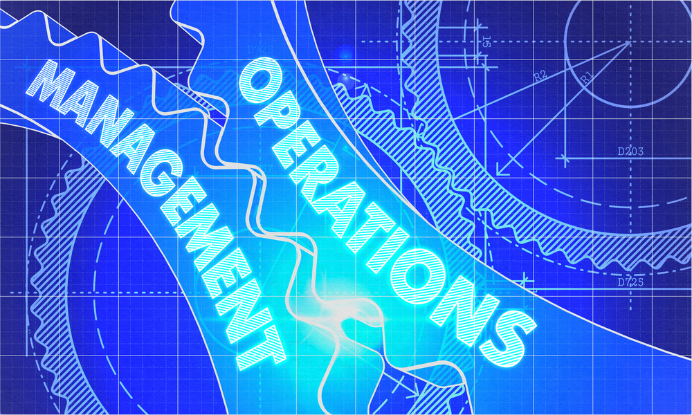 Operations Management on the Mechanism of Gears. Blueprint Style. Technical Design. 3d illustration, Lens Flare.